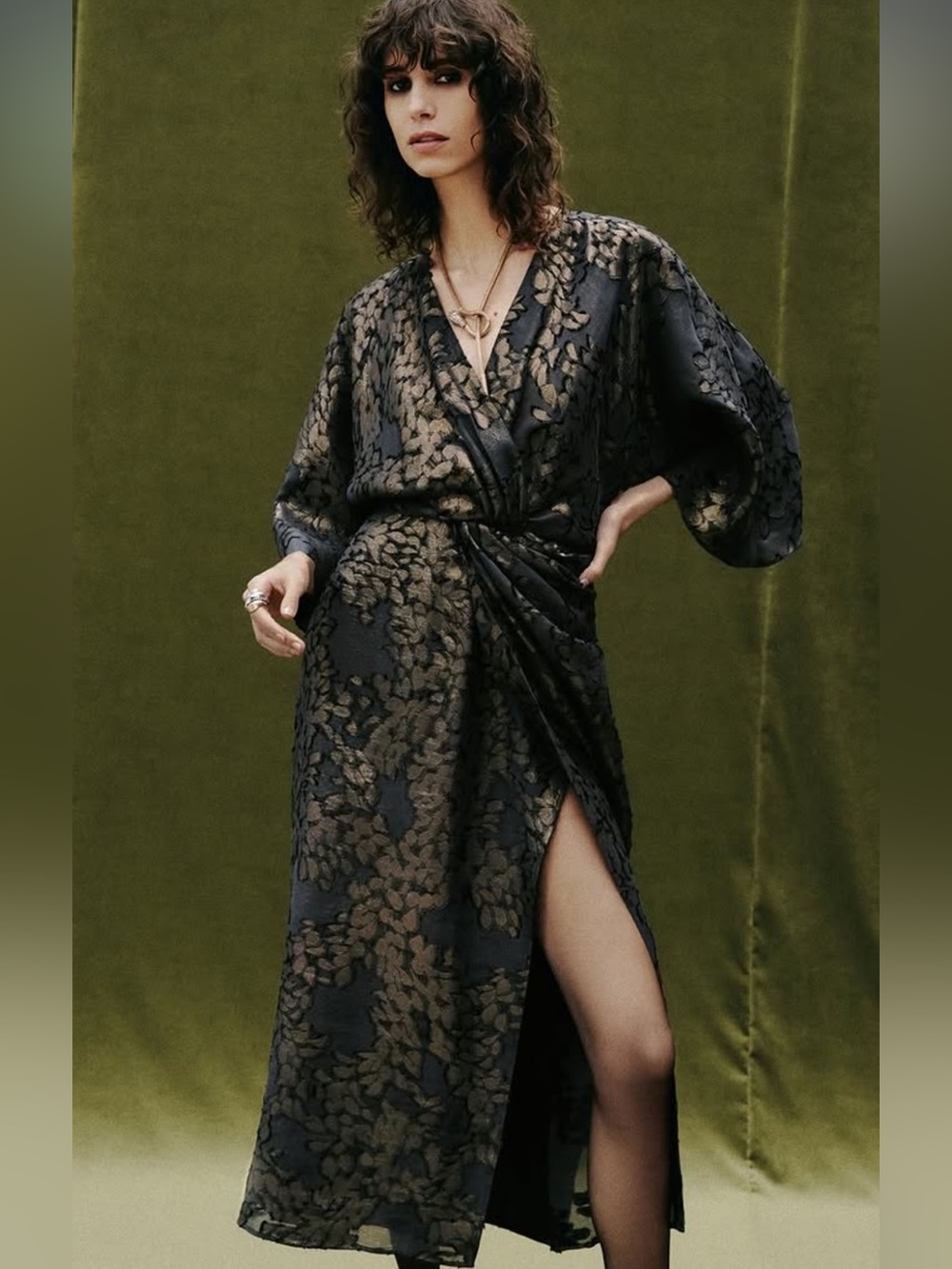 Zara Black and Gold Floral Wrap Robe Dress